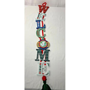 Wooden Christmas Snowman “Welcome” Door Hanger Green Tassel Holiday Decor